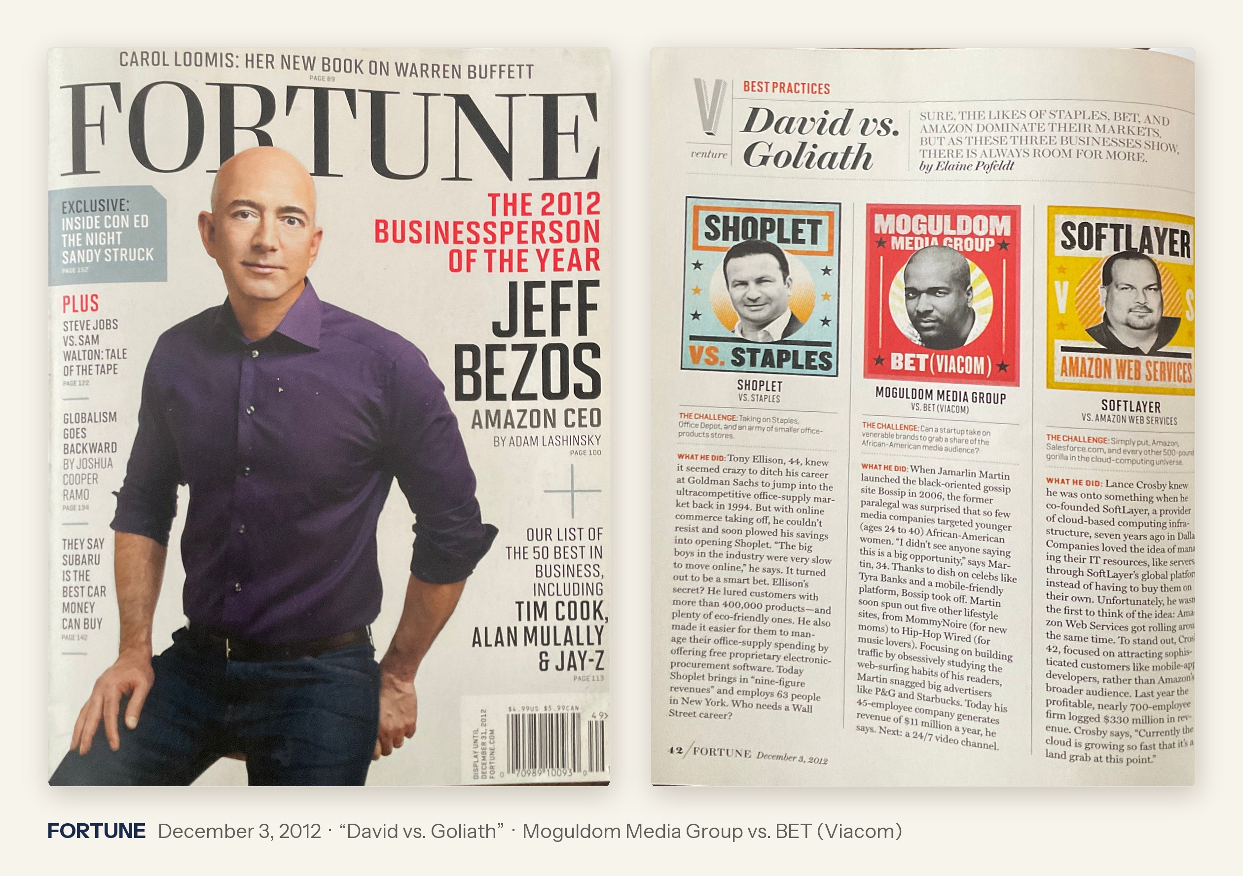 Fortune Magazine, December 3, 2012 — cover and the David vs. Goliath feature on page 42 spotlighting Jamarlin Martin's Moguldom Media Group vs. BET (Viacom)